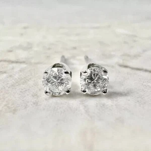 1/10Ct Round Cut Lab Grown Diamond 14k Gold Plated 925 Solitaire Stud Earrings - Picture 1 of 3