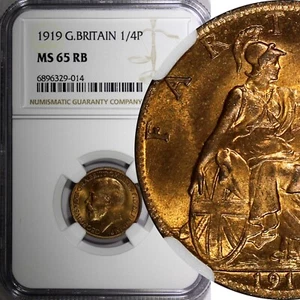 GREAT BRITAIN George V Bronze 1919 Farthing NGC MS65 RB TOP GRADED KM# 808.2 (4) - Picture 1 of 5