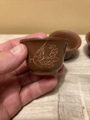 Juego de 4 tazas de sake de cerámica MCM de colección talladas a mano de terracota Foto 1 de 4