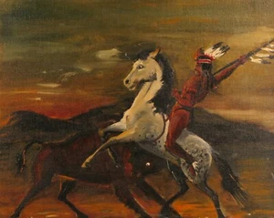 ORIGINAL RHODE ISLAND ARTIST PAINTING NATIVE AMERICAN INDIAN HUNTER BUFFALO HUNT - Picture 1 of 4