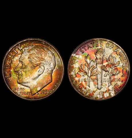 MS65 1951-D 10C Roosevelt Silver Dime, PCGS Secure- Rainbow Toned Cover