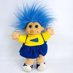 VINTAGE RUSS TROLL KIDZ BLUE HAIR RUBBER FACE STUFFED PLUSH CHEERLEADER DOLL-90S - Picture 1 of 14