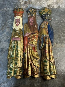 Antike 3 Weise Männer Holz handgeschnitzt bemalt religiöse Volkskunst - Bild 1 von 10