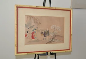 1950s Japanese People Drawing Seeing the Cherry Blossoms w/ Framed Bamboo - Picture 1 of 5
