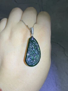 Grade A Natural Dark Green Hand Carved Jadeite Pendant S925 Necklace #J0214 - Picture 1 of 4