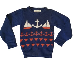 Vintage Sweater Toddler Small Blue Red Sailboat Nautical Anchor Fisherman Sailor - Picture 1 of 11