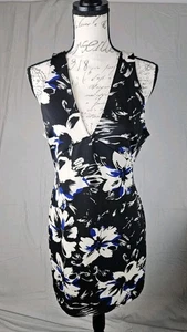 LUSH ärmelloses gefüttertes Minikleid Gr. XL schwarz mit blau-weißem Blumenmuster - Bild 1 von 10