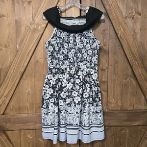 Knit Works Girls Size 16 Black White Floral Dress Smocked Bodice Border Hem - Picture 1 of 5