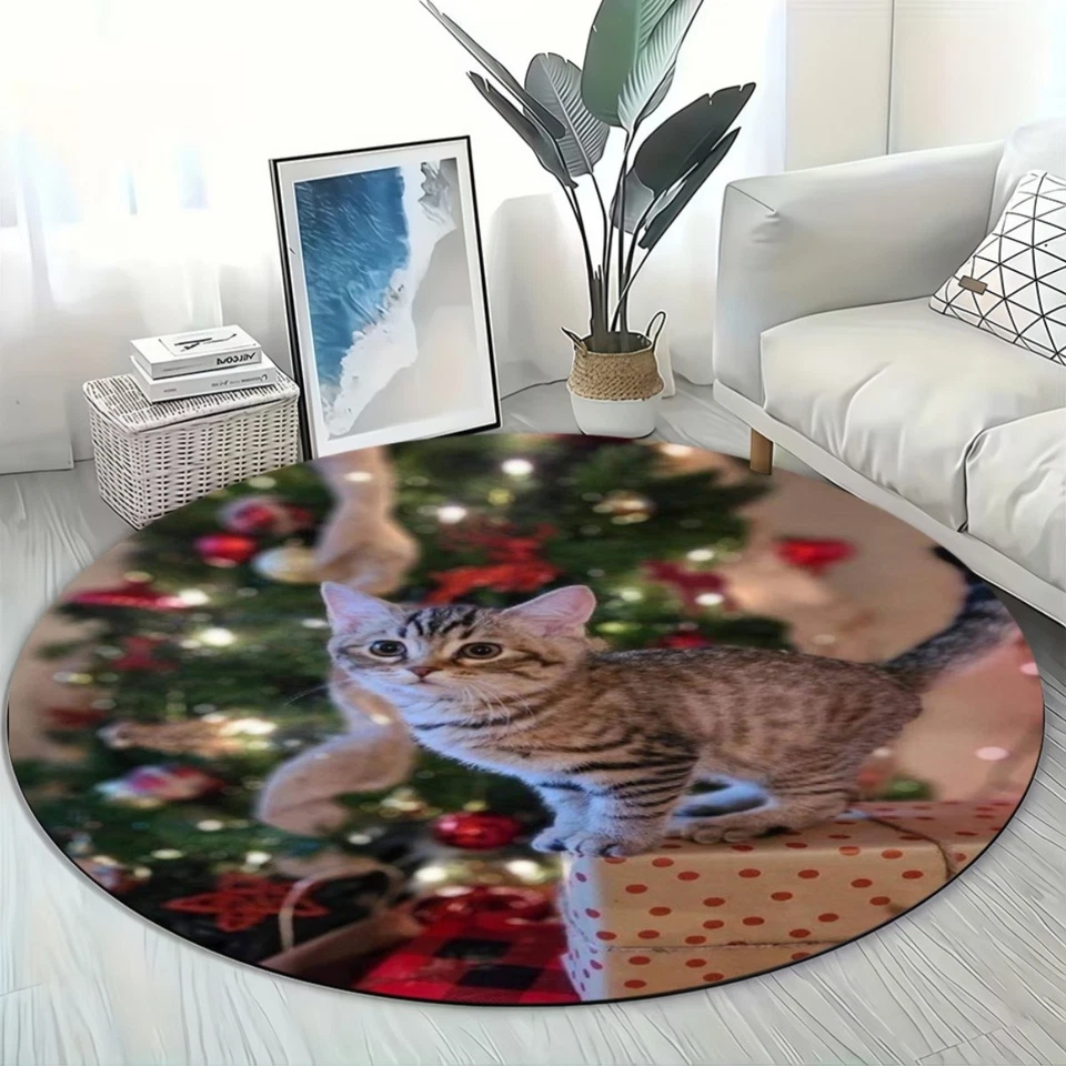 Alfombrilla plana 2D no redonda 3D. Caja de regalo árbol de Navidad escena de gato acogedora vacaciones H Foto 1 de 4