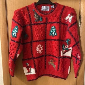 Northern Isles Signatures Hand Knit Wool Ugly Christmas Sweater Tree Size Large - Picture 1 of 10