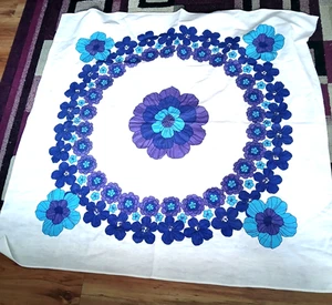 Vintage Flower Power Purple Blue & White Table Cloth Square Mat Retro Material - Picture 1 of 4