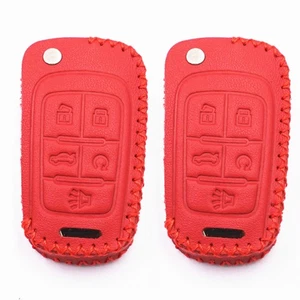 2Pcs Red Leather For Chevrolet GMC Buick Chevy 5 Buttons Smart Key Chain Fob Bag - Picture 1 of 4