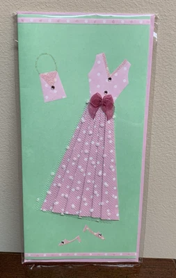 Elegante Vestido Rosa Lunares Bonitos Zapatos Cartera 3D Blanco Interior Tarjeta de Felicitación Foto 1 de 2