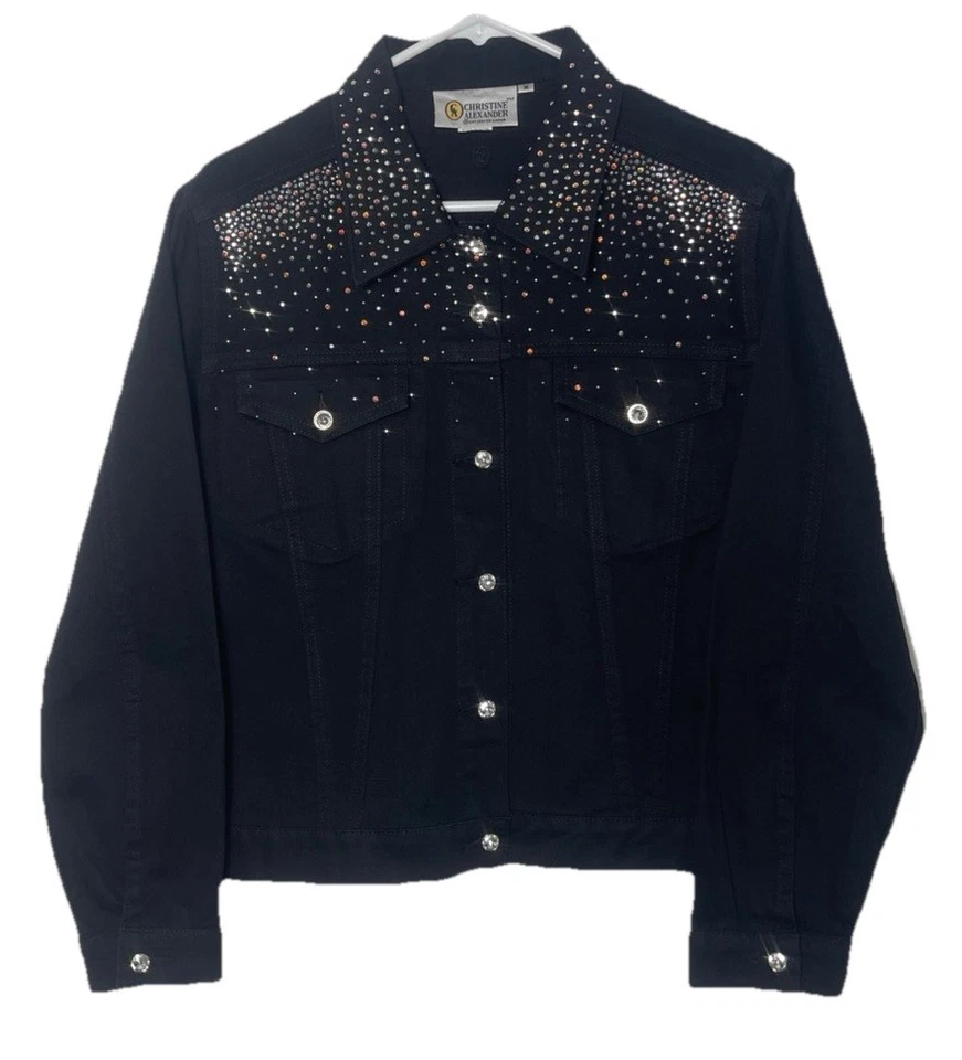 Chaqueta de mezclilla negra adornada con cristal Christine Alexander para mujer mediana nueva sin etiquetas Foto 1 de 4