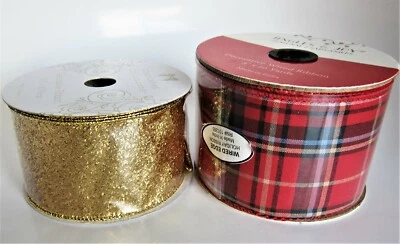 Wired Ribbon 60 Feet Metallic Gold & Red Plaid 2.5", 3" Wreath Gift Wrap Crafts - Image 1 of 4