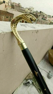 DESIGNER SOLID BRASS KING SNAKE HEAD HANDLE WOODEN CANE WALKING STICK HANDMADE - Picture 1 of 7