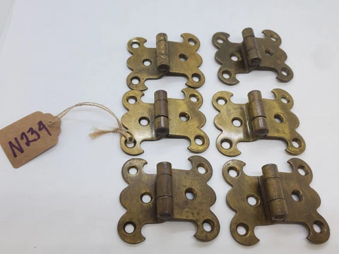 Vintage Lot of 6 Brass Offset Heavy Duty Hinges Ornate Decorative Refrig ?  N234 Cover