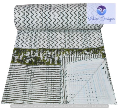 Colchas dobles hechas a mano con estampado de bloques Kantha blancas Gudri Throw Ralli Foto 1 de 4