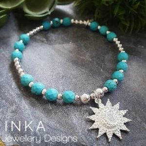 Sterling Silver Turquoise Sun Charm Stacker Bracelet 925 Beaded Bracelet By INKA - Picture 1 of 7