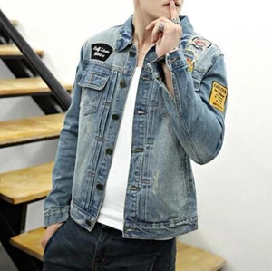 BJ84  Men's Retro Denim Cotton Jean Jacket Coat Casual Outwear Blue Size Vintage - Picture 1 of 12