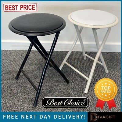 WHITE BLACK FOLDING STOOL ROUND FOLDABLE METAL STOOLS SPACE SAVING PADDED SEAT - Image 1 of 4