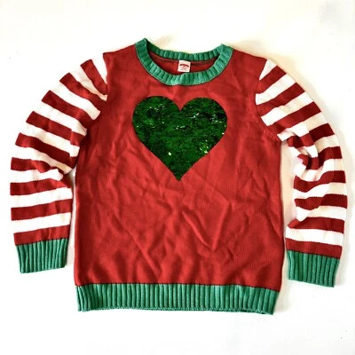 HOLIDAY TIME Christmas Sweater~Flip Sequin Green/Silver Heart~Girls L 10-12 PLUS - Image 1 of 4