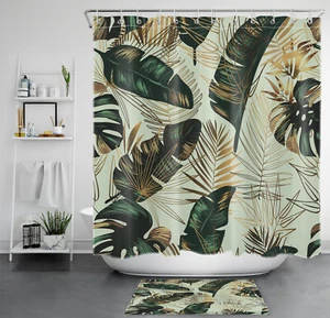 Sage Green Tropical Plant Palm Leaf Shower Curtain Bathroom Accessories Set - Picture 1 of 20