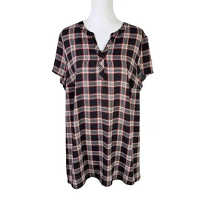 Torrid Sz 2 Georgette Black Red Plaid Short Sleeve Business Casual Tunic Blouse - Picture 1 of 12