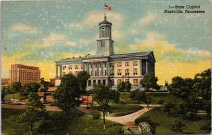 Nashville TN Tennessee Vintage Linen Postcard State Capitol US Flag Aerial View - Picture 1 of 2