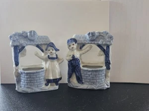 Wishing Well Delft Blue Porcelain Toothpick Trinket Holders Boy & Girl Germany - Picture 1 of 17