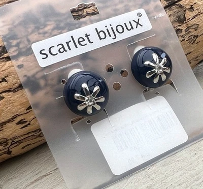 Damen Ohrclips Clips Ohrschmuck rund granat blau emailliert  Blüte + Strass, NEU - Bild 1 von 2