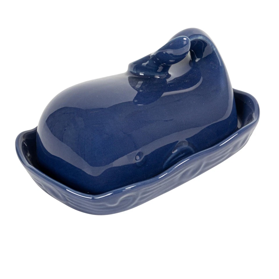 Creative Co-op DA9482 Dark Blue Whale Shaped Butter Dish With Lid