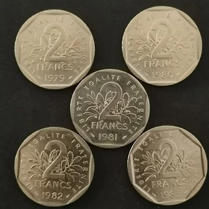 LOT 5 * 2 FRANCS SEMEUSES CIRCULEES : 1979 1980 1981 1982 1983 / FRANCE (Réf lot - Picture 1 of 2