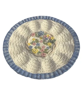 Vtg 1990 Fitz & Floyd Deviled Egg Plate 11.5” Blue White Basket Weave Spring - Picture 1 of 3