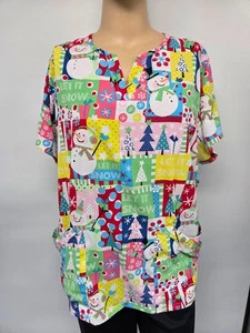 Butter-Soft 2X Snowman Christmas  Trees Scrub Top Pockets Stretch - Picture 1 of 3