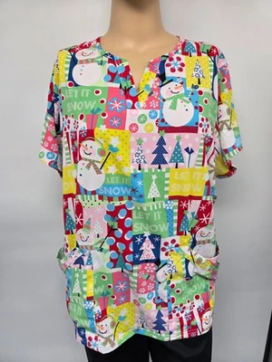 Butter-Soft 2X Snowman Christmas  Trees Scrub Top Pockets Stretch - Image 1 of 3