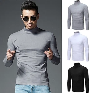 Statement Men's Slim Fit Turtleneck Long Sleeve Tops Pullover Solid Tee - Picture 1 of 47