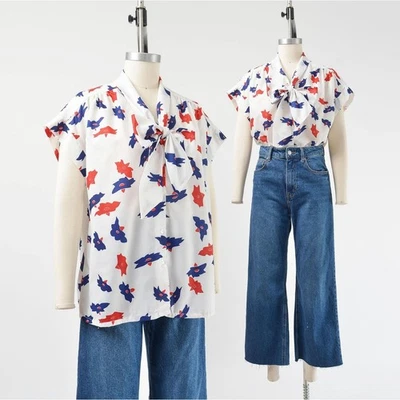 Blusa Vintage Años 80 Blanca Estampado Abstracto Top Retro Cuello Lazo Manga M L  Foto 1 de 4