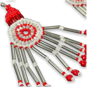 Handmade Red White Beaded Native Style Dangle Earrings - Picture 1 of 3