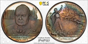 SP67 1965 Britain "Death of Churchill" Silver Medal, PCGS- Rainbow Toned TOP POP - Picture 1 of 7
