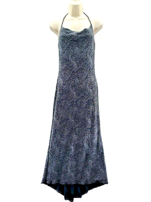 Vestido Y2K Vintage Talla 3/4 Negro Plata Brillante Slinky Backless Halter Formal Foto 1 de 4