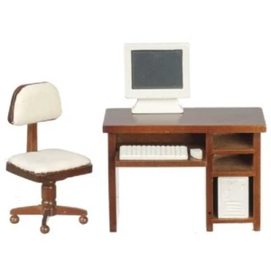 Dolls House Computer Walnut Desk & Chair Miniature Study Office Furniture Set - Picture 1 of 8