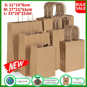 100PC BULK Kraft Paper Bags Brown Gift Shopping Carry Craft Retail Bag Reusable - Picture 1 of 23