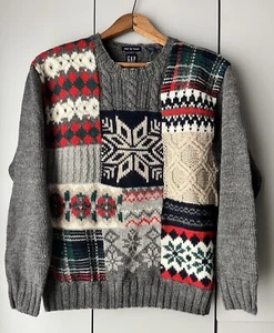 NWT GAP Knit by Hand Kids XXL Long Sleeve Gray Wool Fair Isles Sweater Women S/M - Picture 1 of 9
