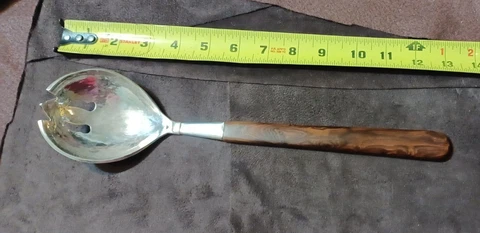 Vintage Hammered  925 Sterling Silver Slotted Salad Spork, W/ Wood Handle Cover