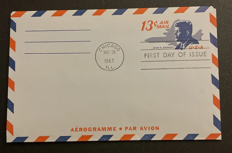 John F Kennedy First Day Cover. Airmail Postal Stationary Envelope.  #3. NH. - Image 1 of 3
