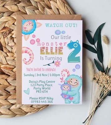 Personalised Girls Monster Birthday Party Invitations 1st, 2nd 3rd Monster bash - Image 1 of 2