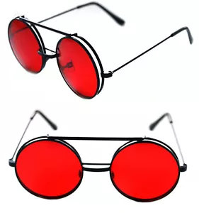 Men's Women's Round Shape Flip up Django Sunglasses Clear Red Lenses Black Frame - Picture 1 of 10