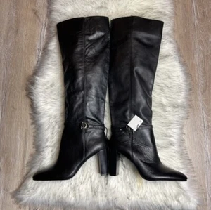 ZARA Women 6 Equestrian Leather High Heel Knee High Boots Horsebit Black Cowgirl - Picture 1 of 6