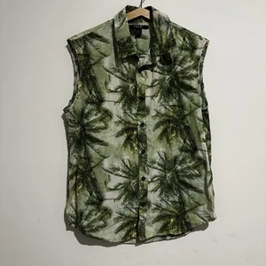 KSUBI Men’s Size M Sleeveless Button Up Shirt Distressed Sleeve Hem Tropical - Picture 1 of 8